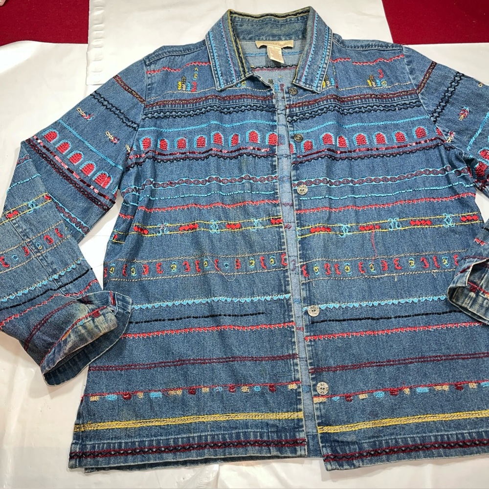 C.L.O.T.H.E.S. Blue Jean jacket Denim Colorful Boho Embroidery Vintage L womens
